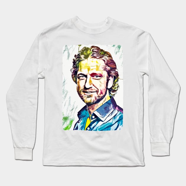 A Tribute to Gerard Butler the Legend Digital Fan Art Movie Celebrity Abstract Portrait Long Sleeve T-Shirt by Naumovski